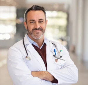 Professional male doctor in a white lab coat with a stethoscope and ID badge, smiling in a modern hospital hallway.